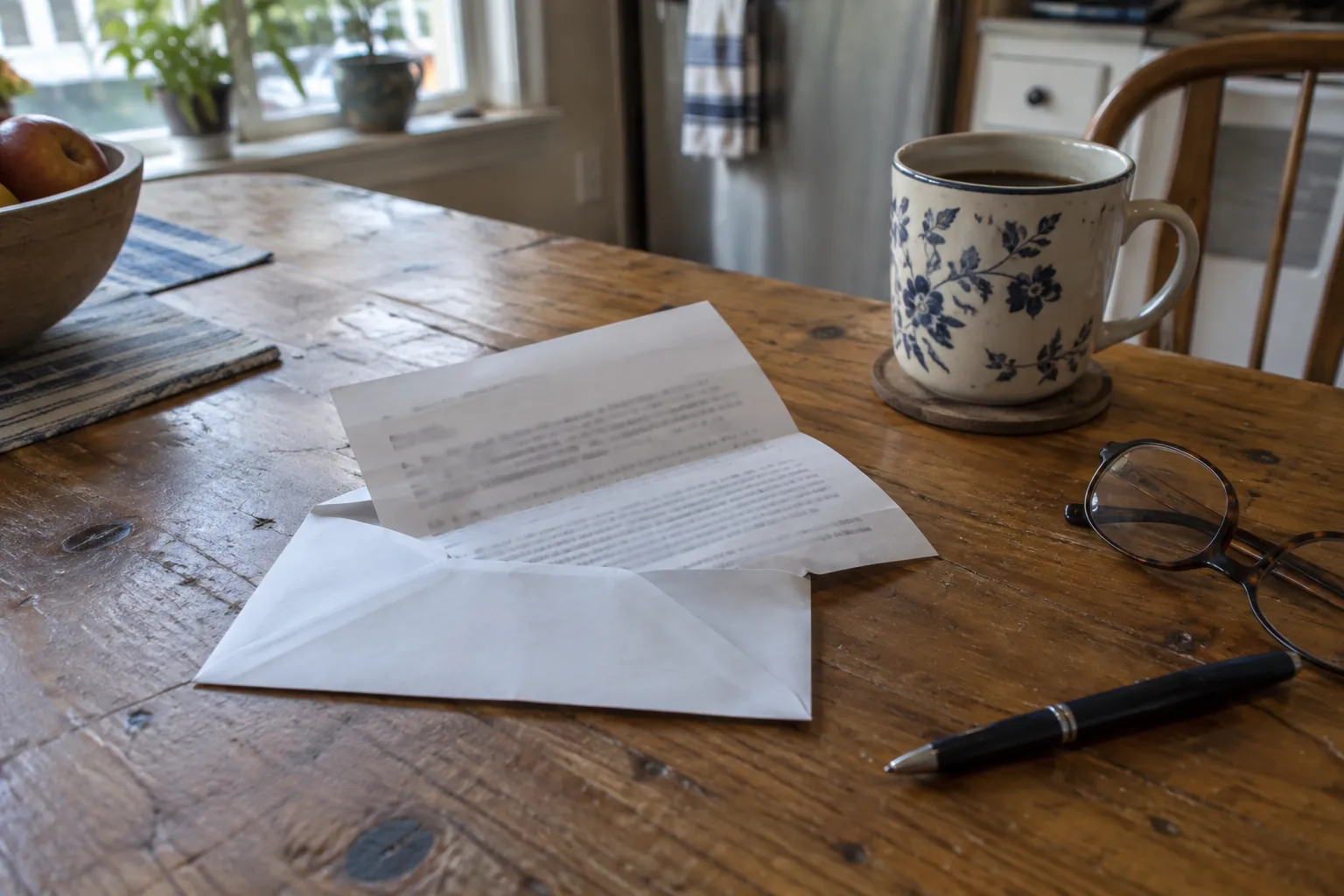 Opened envelope and letter on a kitchen table beside a coffee mug, reading glasses, and a pen